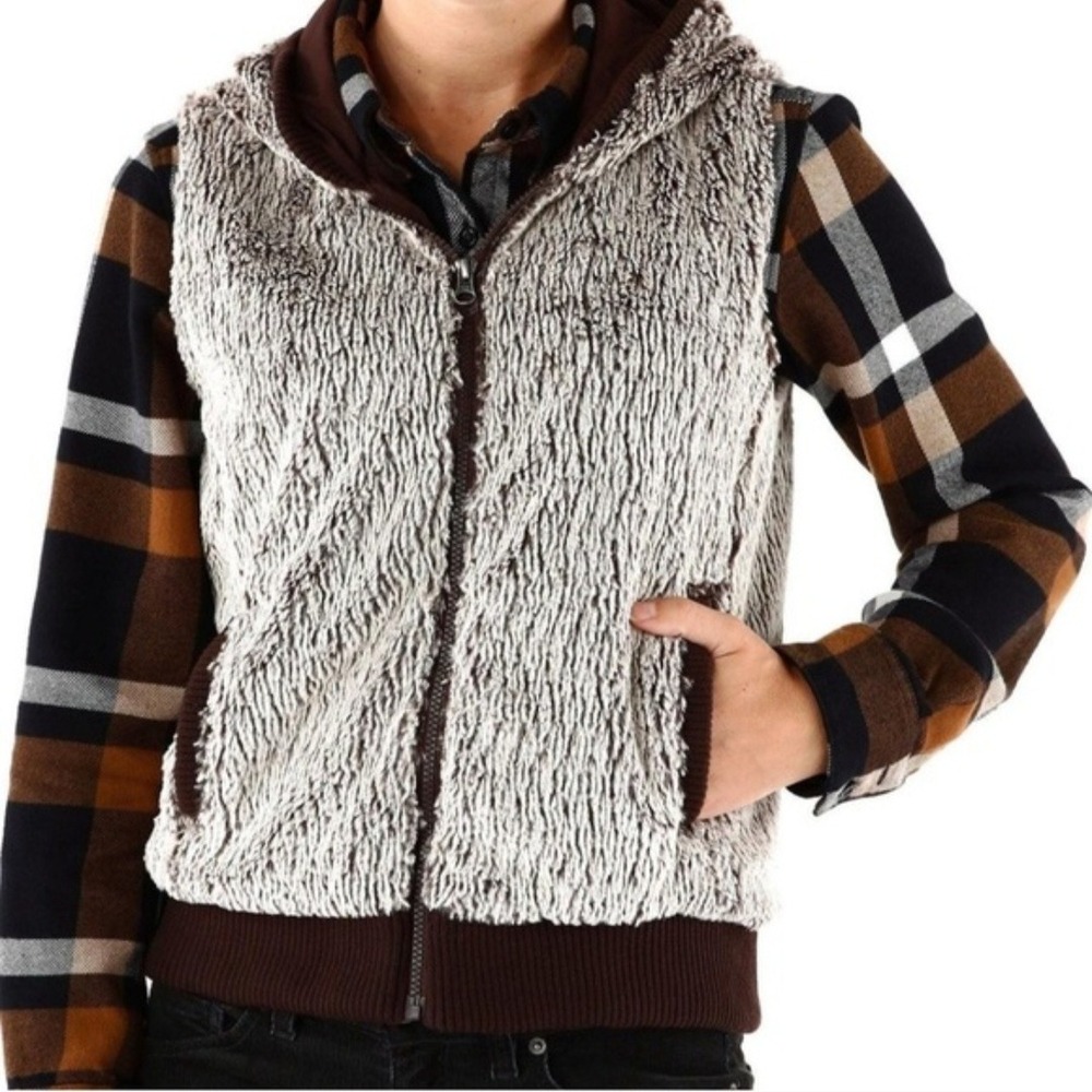Patagonia Women's Fleece Hooded Vest Size Small Fuzzy Zip Up Pockets Brown Cozy